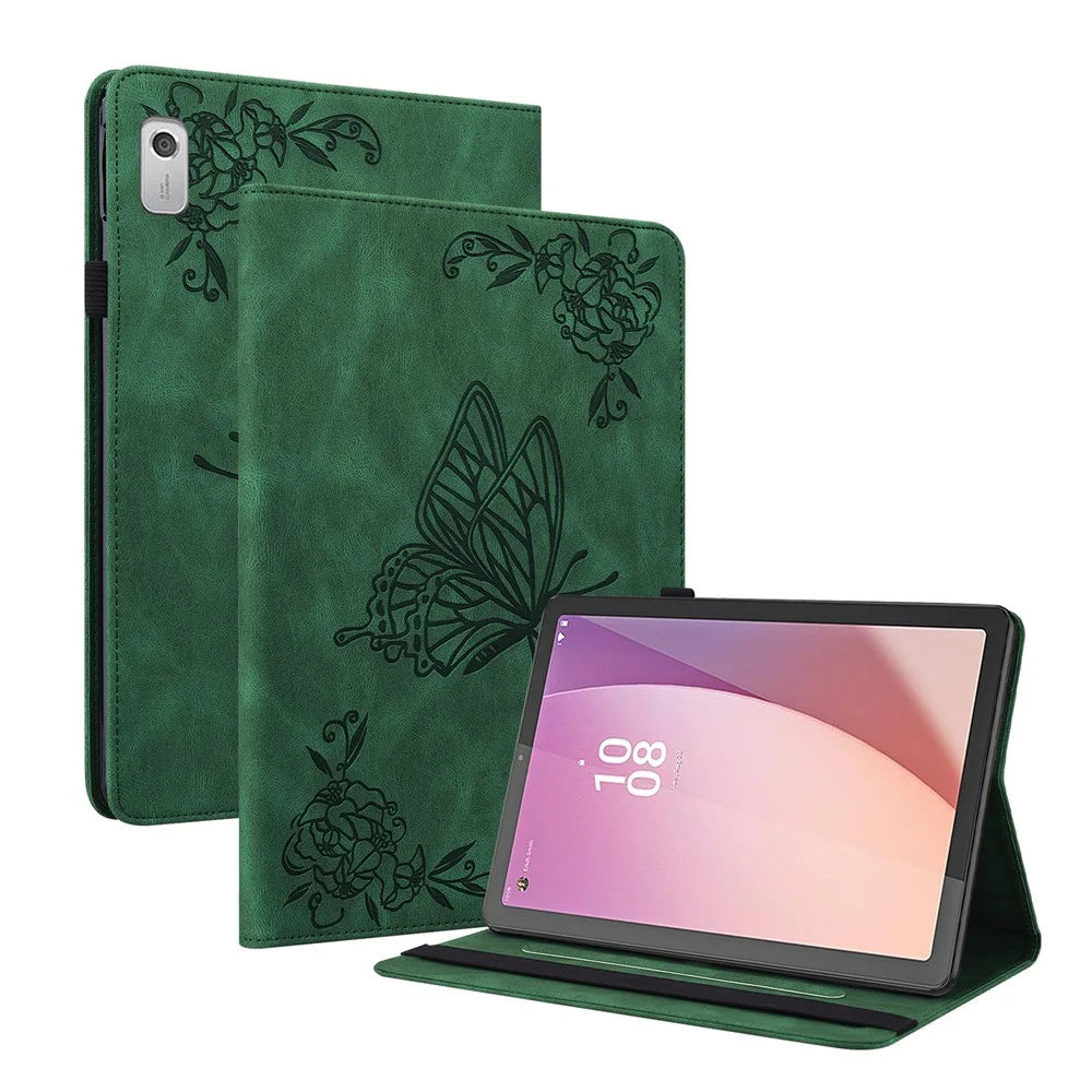 For Lenovo Tab M9 TB-310FU Imprinted Butterfly Flower PU Leather Card Holder Stand Tablet Case with Pen Loop - Green - 1