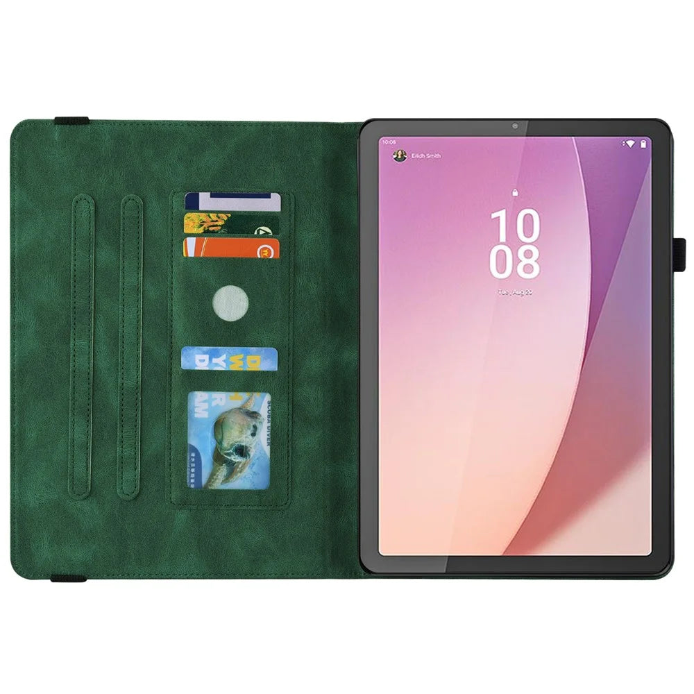 For Lenovo Tab M9 TB-310FU Imprinted Butterfly Flower PU Leather Card Holder Stand Tablet Case with Pen Loop - Green - 2