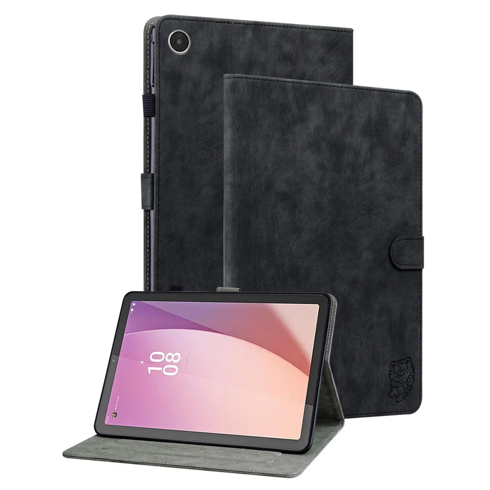 For Lenovo Tab M8 (4th Gen) 2024 TB-301XU / M8 (4th Gen) 2023 TB-300FU PU Leather Tablet Case Cute Tiger Pattern Stand Cover - Black - 1