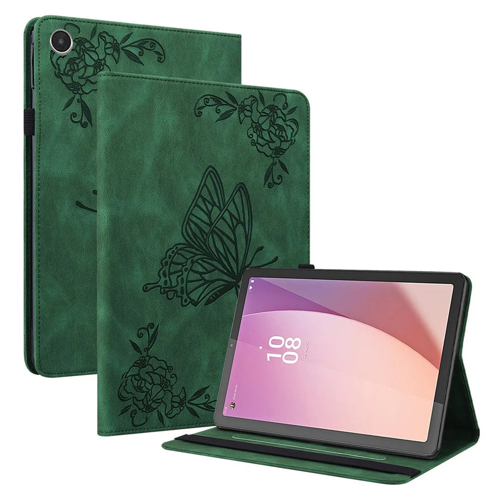 For Lenovo Tab M8 (4th Gen) 2024 TB-301XU / M8 (4th Gen) 2023 TB-300FU Stand Leather Tablet Case Imprinted Butterfly Flower Cover - Green - 1