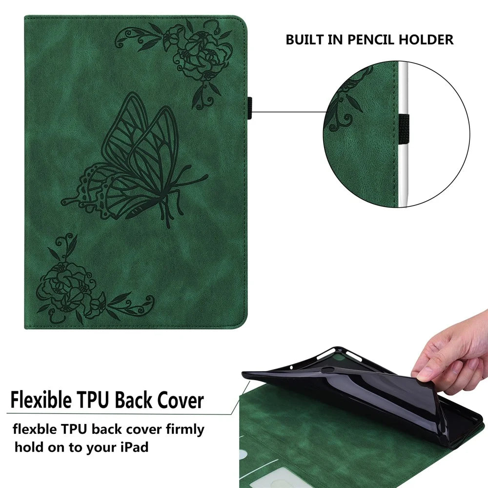 For Lenovo Tab M8 (4th Gen) 2024 TB-301XU / M8 (4th Gen) 2023 TB-300FU Stand Leather Tablet Case Imprinted Butterfly Flower Cover - Green - 5