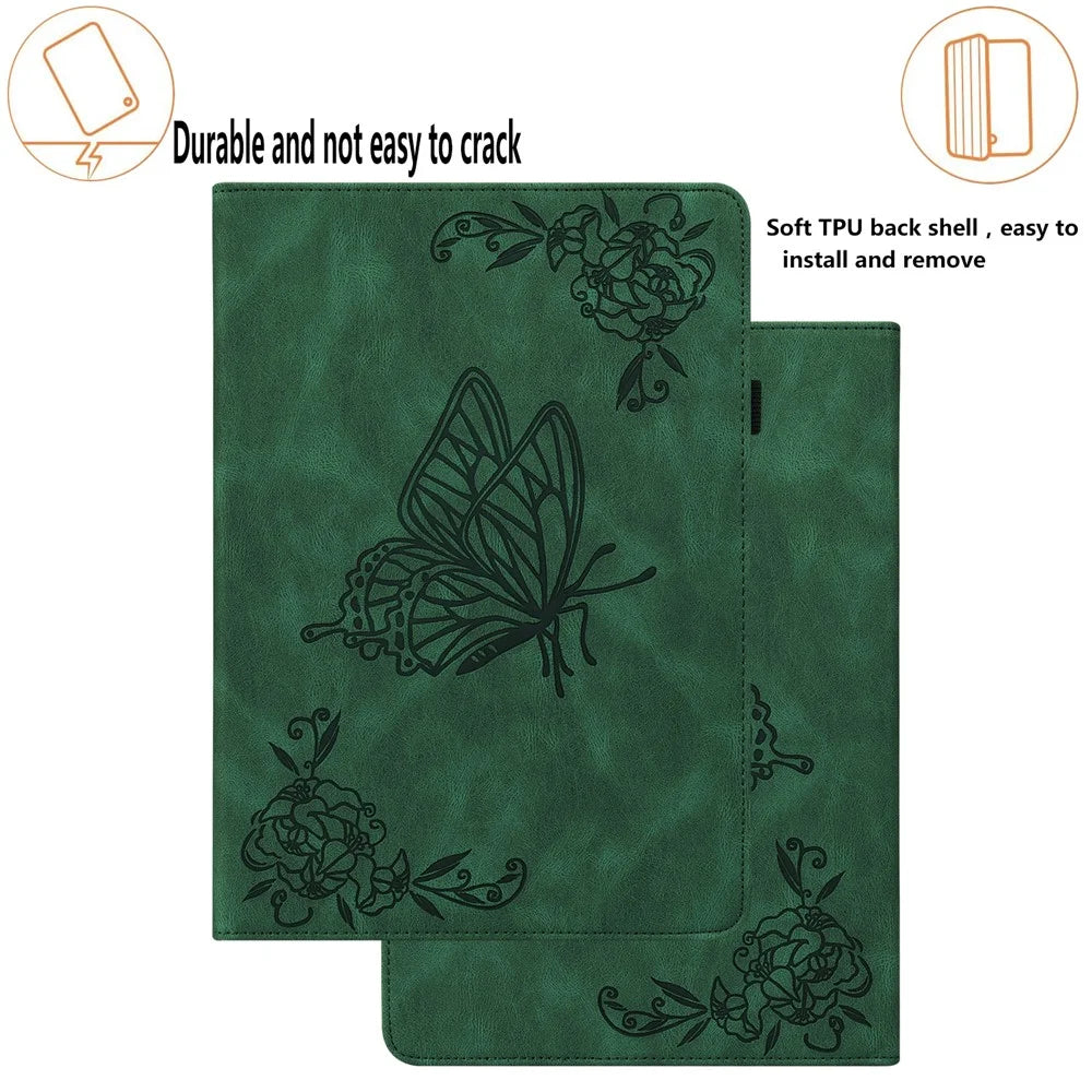 For Lenovo Tab M8 (4th Gen) 2024 TB-301XU / M8 (4th Gen) 2023 TB-300FU Stand Leather Tablet Case Imprinted Butterfly Flower Cover - Green - 6