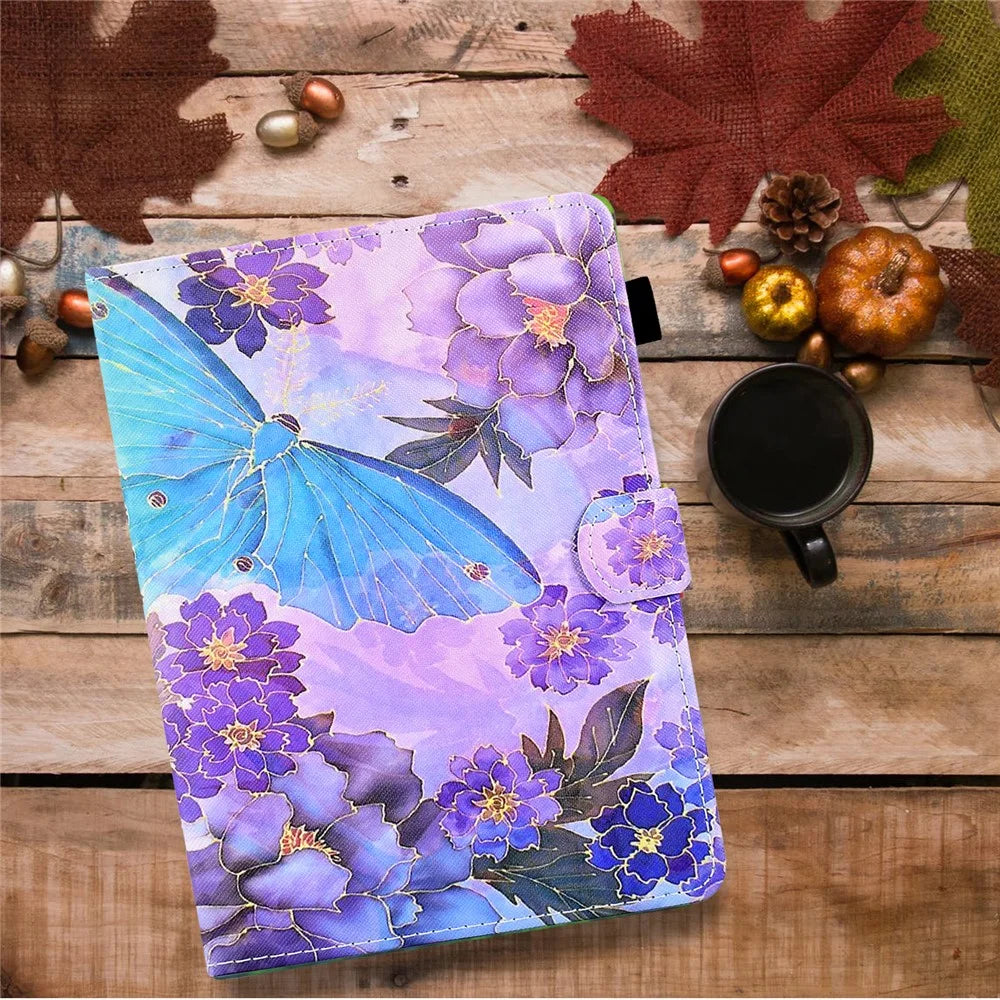 For 6.8-7.5 Inch Tablet Pattern Printing Stand Case Smart PU Leather Flip Cover with Card Slots - Peony Butterfly - 7