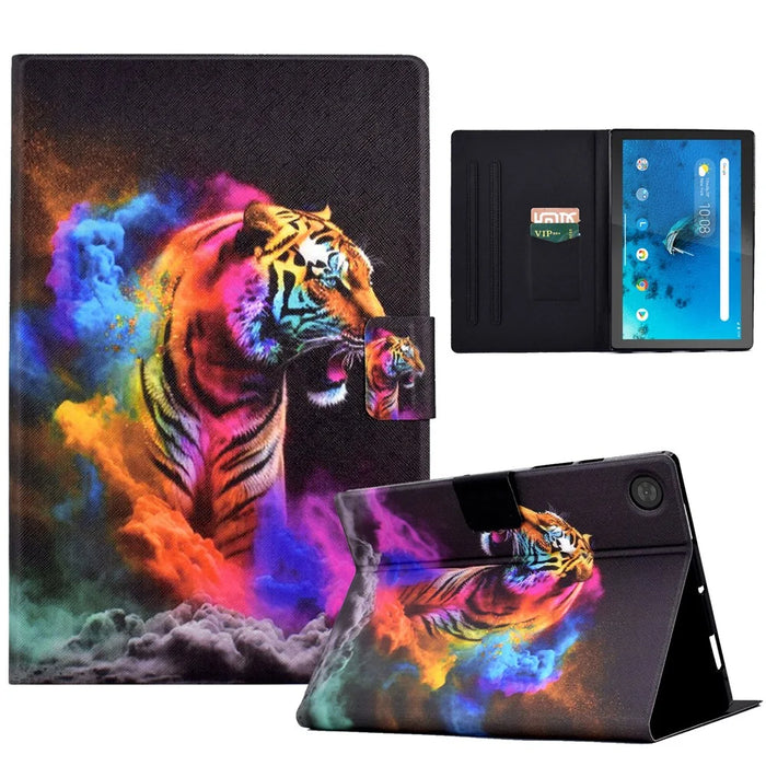 Protective Case for Lenovo Tab M10 (Gen 3) PU Leather Flip Cover Pattern Printed Tablet Stand Case with Card Slots - Colorful Tiger - 1