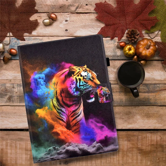 Protective Case for Lenovo Tab M10 (Gen 3) PU Leather Flip Cover Pattern Printed Tablet Stand Case with Card Slots - Colorful Tiger - 7