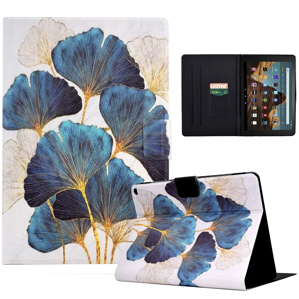 For Amazon Fire HD 10 (2021) / HD 10 Plus (2021) Leather Cover Pattern Printed Anti-Scratch Tablet Case with Card Slots - Leaf - 1