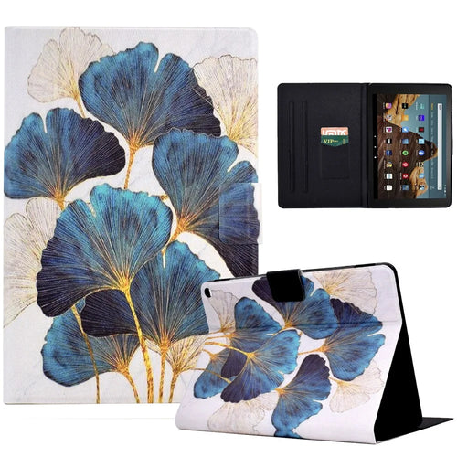 For Amazon Fire HD 10 (2021) / HD 10 Plus (2021) Leather Cover Pattern Printed Anti-Scratch Tablet Case with Card Slots - Leaf - 1