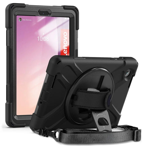 For Lenovo Tab M8 (4th Gen) 2024 TB-301XU / M8 (4th Gen) 2023 TB-300FU Case Kickstand Tablet Case PC+Silicone Cover with Strap - Black - 1