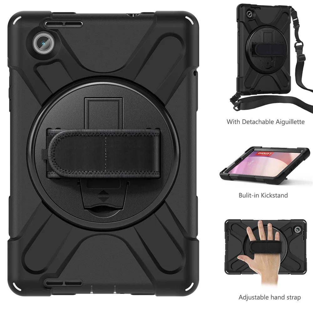 For Lenovo Tab M8 (4th Gen) 2024 TB-301XU / M8 (4th Gen) 2023 TB-300FU Case Kickstand Tablet Case PC+Silicone Cover with Strap - Black - 2
