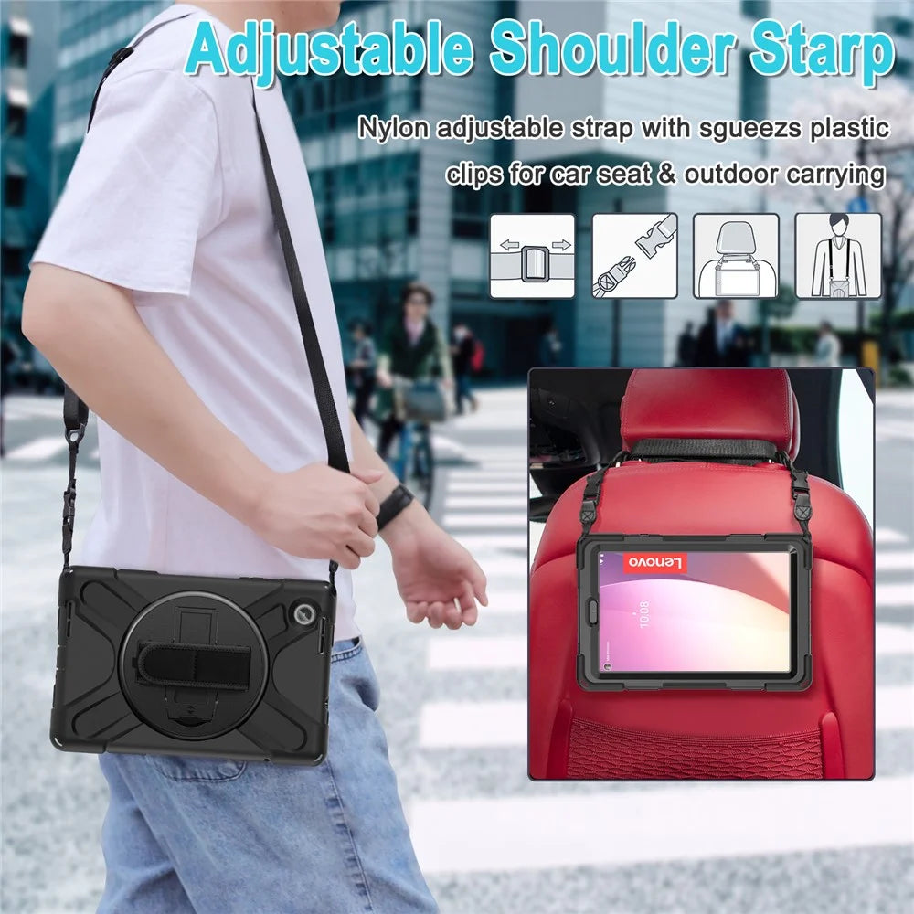 For Lenovo Tab M8 (4th Gen) 2024 TB-301XU / M8 (4th Gen) 2023 TB-300FU Case Kickstand Tablet Case PC+Silicone Cover with Strap - Black - 3