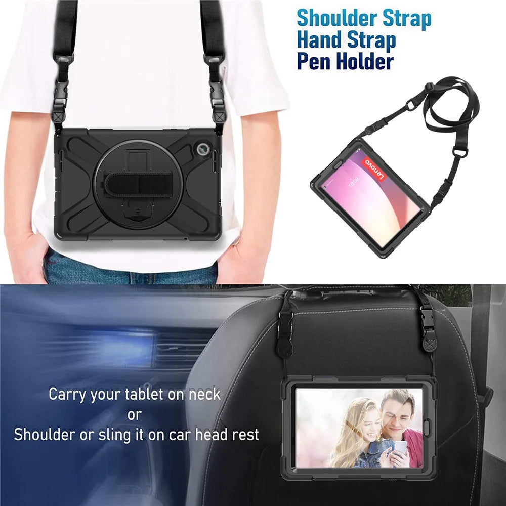 For Lenovo Tab M8 (4th Gen) 2024 TB-301XU / M8 (4th Gen) 2023 TB-300FU Case Kickstand Tablet Case PC+Silicone Cover with Strap - Black - 4