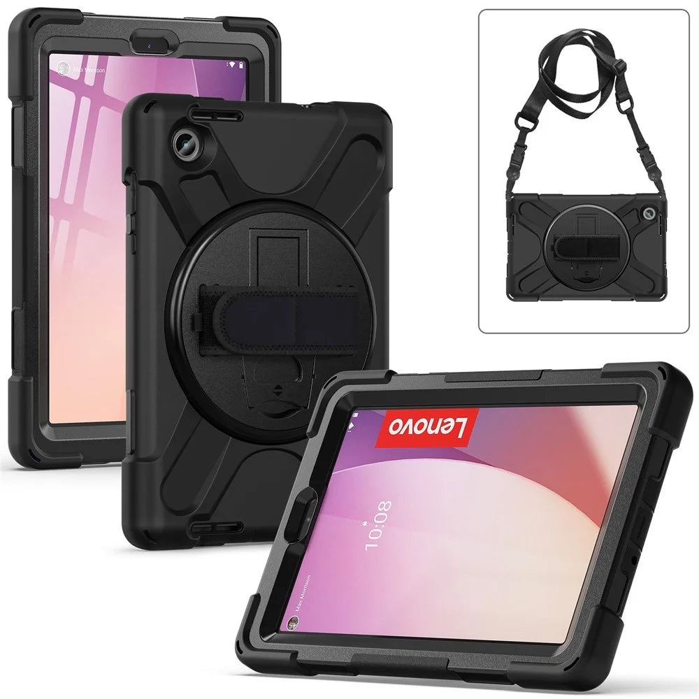 For Lenovo Tab M8 (4th Gen) 2024 TB-301XU / M8 (4th Gen) 2023 TB-300FU Case Kickstand Tablet Case PC+Silicone Cover with Strap - Black - 7