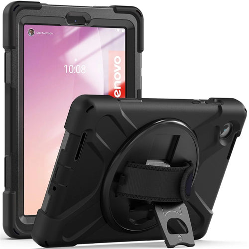 For Lenovo Tab M8 (4th Gen) 2024 TB-301XU / M8 (4th Gen) 2023 TB-300FU Kickstand PC + Silicone Tablet Case with Hand Strap - Black - 1