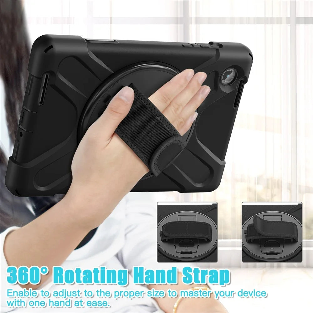 For Lenovo Tab M8 (4th Gen) 2024 TB-301XU / M8 (4th Gen) 2023 TB-300FU Kickstand PC + Silicone Tablet Case with Hand Strap - Black - 2