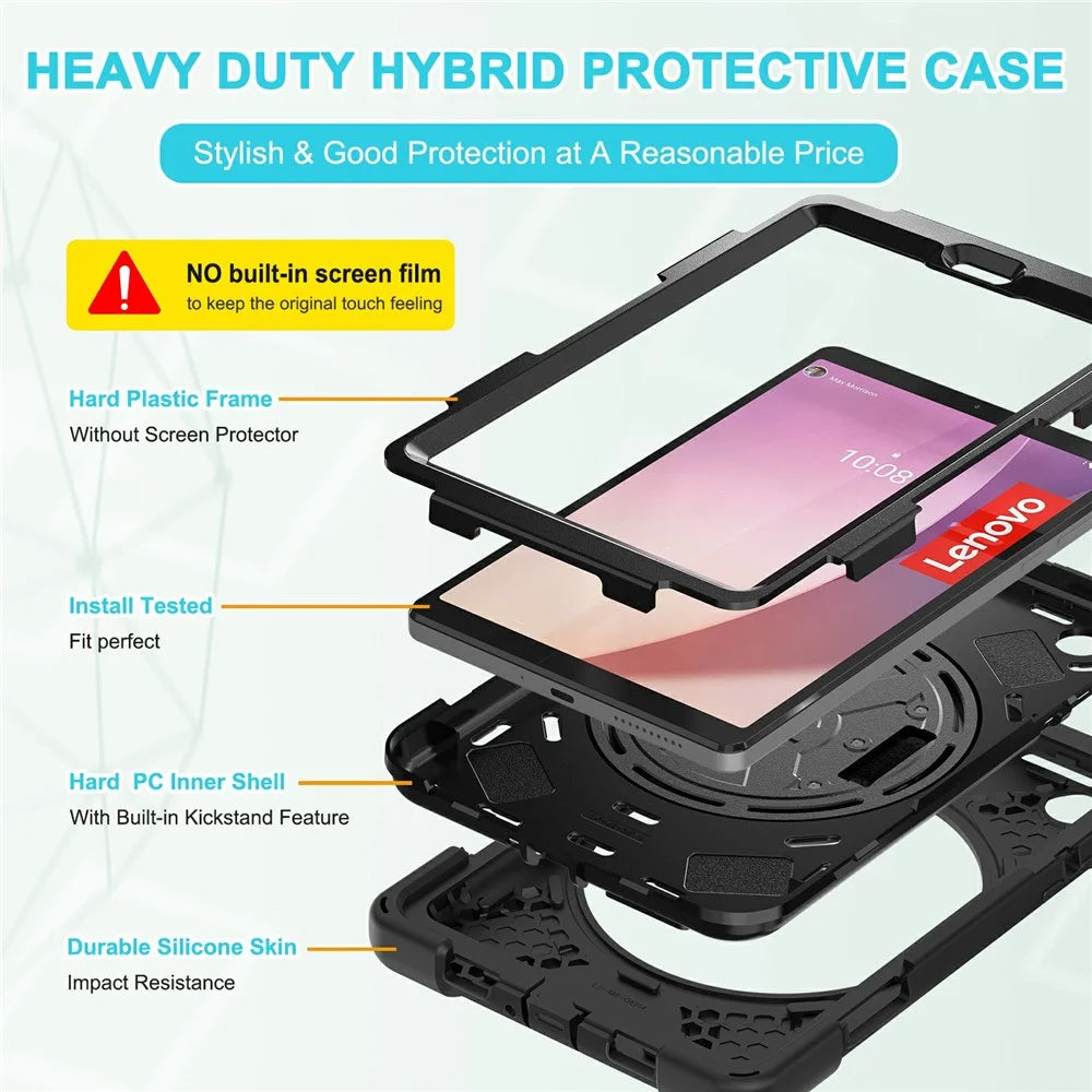 For Lenovo Tab M8 (4th Gen) 2024 TB-301XU / M8 (4th Gen) 2023 TB-300FU Kickstand PC + Silicone Tablet Case with Hand Strap - Black - 7