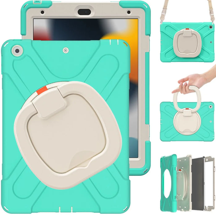 For iPad 10.2 (2021) / (2019) / (2020) Rotary Kickstand Tablet Case PC+Silicone Tablet Cover with Shoulder Strap - Mint Green - 2