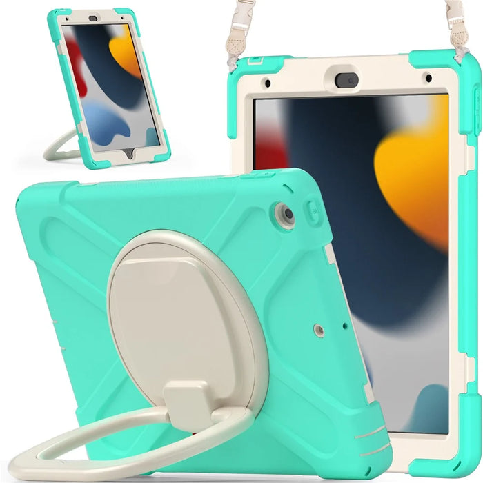 For iPad 10.2 (2021) / (2019) / (2020) Rotary Kickstand Tablet Case PC+Silicone Tablet Cover with Shoulder Strap - Mint Green - 4