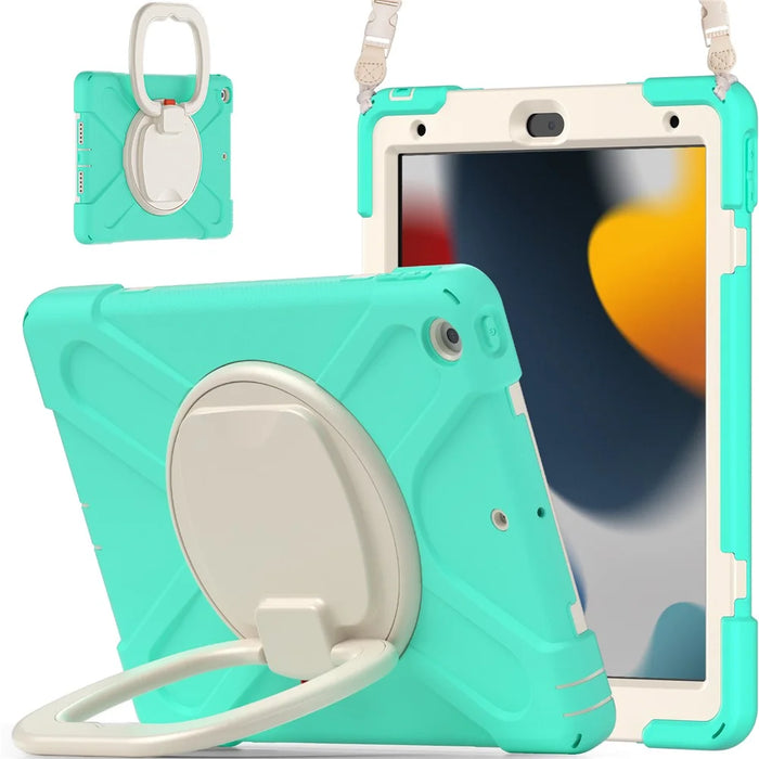 For iPad 10.2 (2021) / (2019) / (2020) Rotary Kickstand Tablet Case PC+Silicone Tablet Cover with Shoulder Strap - Mint Green - 5