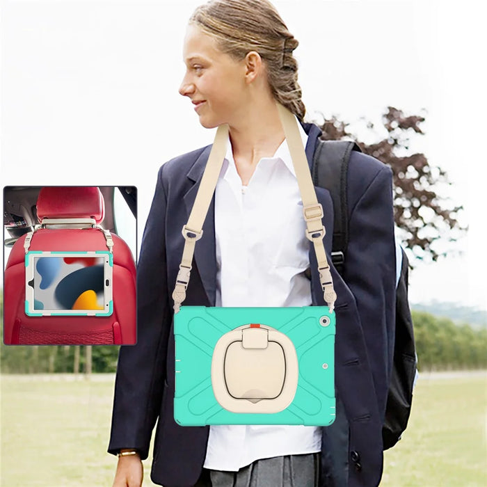For iPad 10.2 (2021) / (2019) / (2020) Rotary Kickstand Tablet Case PC+Silicone Tablet Cover with Shoulder Strap - Mint Green - 7