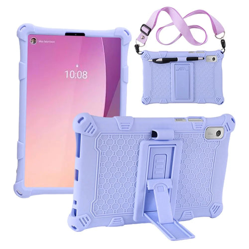 For Lenovo Tab M9 310FU Retro Texture Tablet Silicone Case Kickstand Tablet Cover with Lanyard - Light Purple - 1
