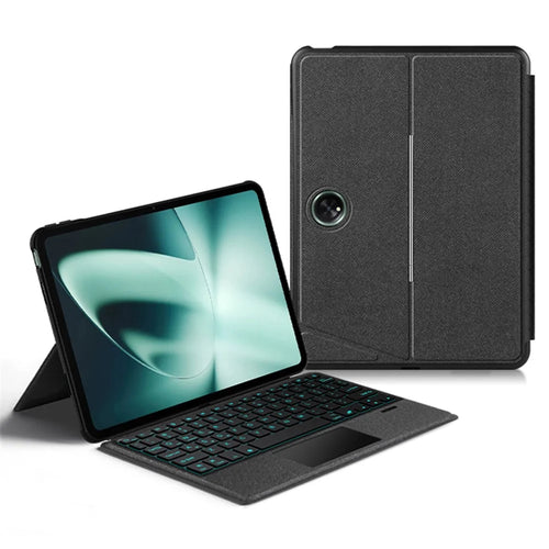For OnePlus Pad Leather Case + Bluetooth-compatible Keyboard with Backlight Trackpad - Black - 1
