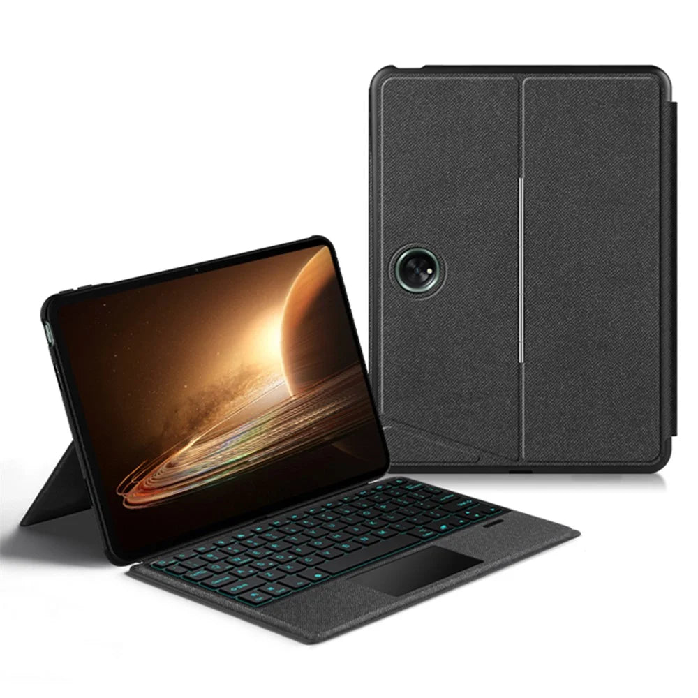 For Oppo Pad 2 Leather Case + Bluetooth-compatible Keyboard with Backlight Trackpad - Black - 1