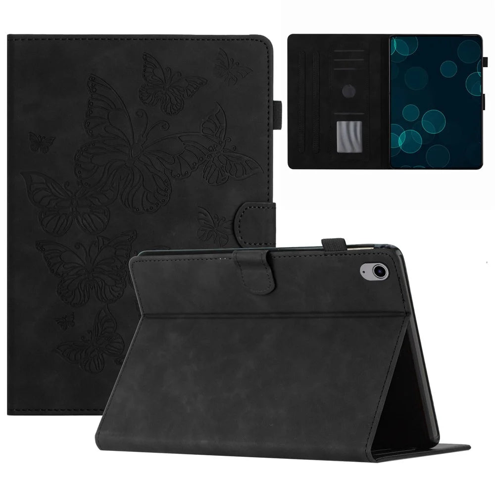 PU Leather Card Holder Tablet Case for iPad 10.9 (2022) , Imprinted Butterfly Tablet Stand Cover - Black - 1