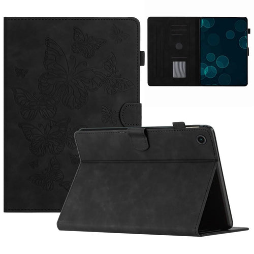 For Samsung Galaxy Tab A8 10.5 (2021) X205 X200 / (2022) Imprinted Butterfly Leather Tablet Case Card Holder Stand Cover - Black - 1