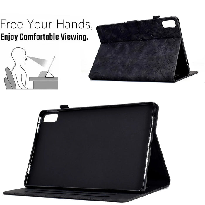 Tree Imprinted Leather Cover for Lenovo Tab M9 TB-310FU Anti-Drop Protective Case with Card Slot - Black - 6