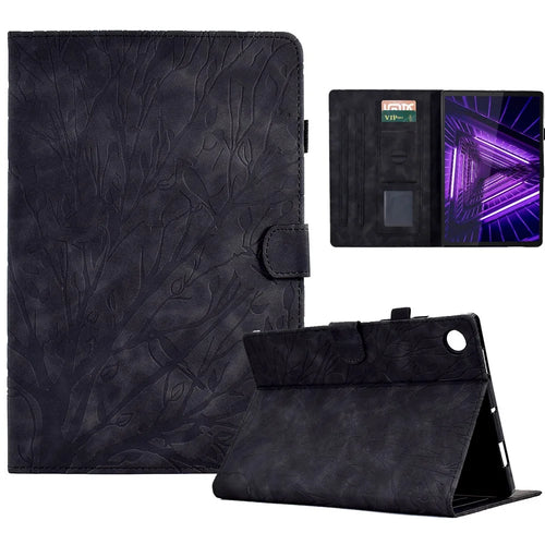 Shockproof Leather Cover for Lenovo Tab M10 Plus TB-X606F Tree Imprinted Tablet Case with Card Slot - Black - 1