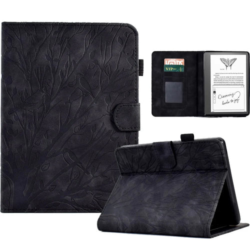 For Amazon Kindle 11th (2024) / 6'' (2022) Leather E-Reader Case Imprinted Tree Stand Card Holder Cover - Black - 1