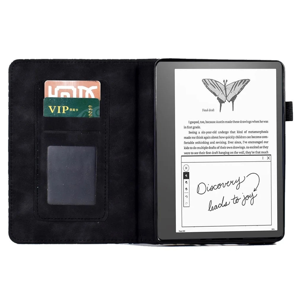 For Amazon Kindle 11th (2024) / 6'' (2022) Leather E-Reader Case Imprinted Tree Stand Card Holder Cover - Black - 2