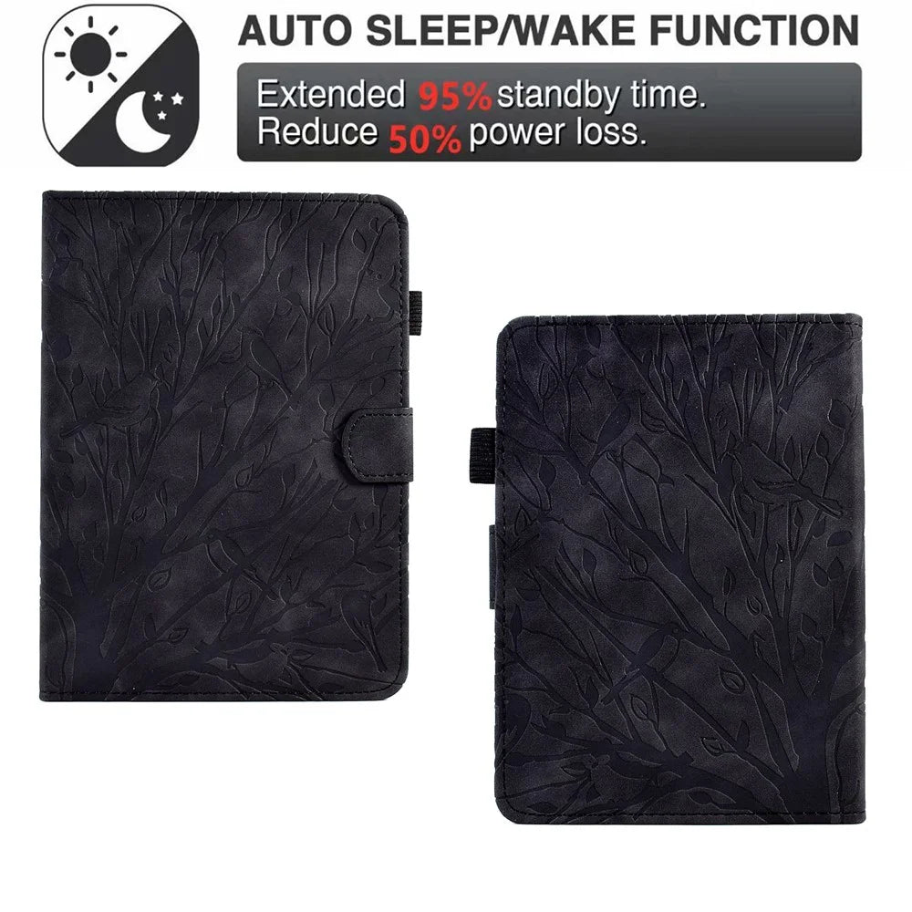 For Amazon Kindle 11th (2024) / 6'' (2022) Leather E-Reader Case Imprinted Tree Stand Card Holder Cover - Black - 5