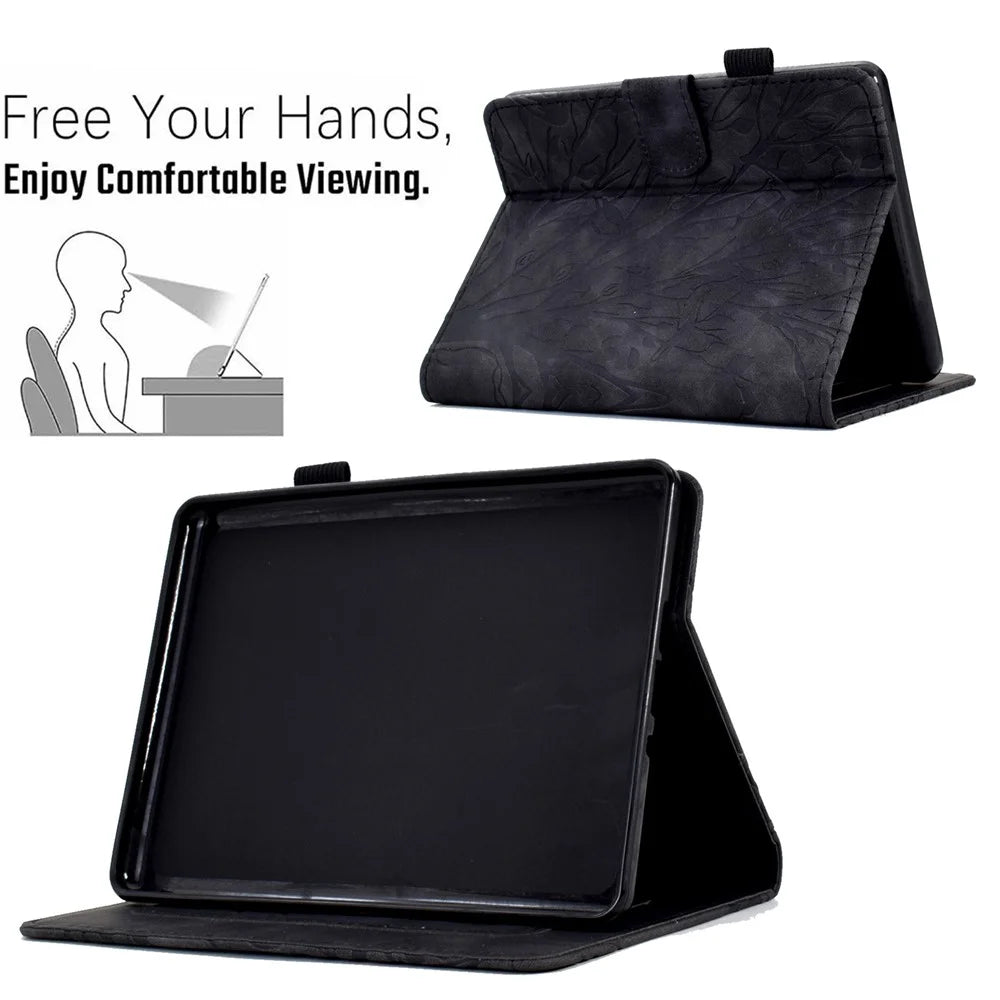 For Amazon Kindle 11th (2024) / 6'' (2022) Leather E-Reader Case Imprinted Tree Stand Card Holder Cover - Black - 6