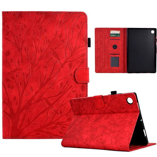 For Lenovo Tab M10 (Gen 3) Imprinted Tree Tablet Case PU Leather Card Holder Stand Cover - Red - 1