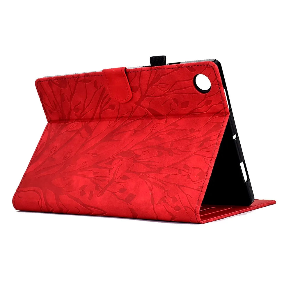 For Lenovo Tab M10 (Gen 3) Imprinted Tree Tablet Case PU Leather Card Holder Stand Cover - Red - 6