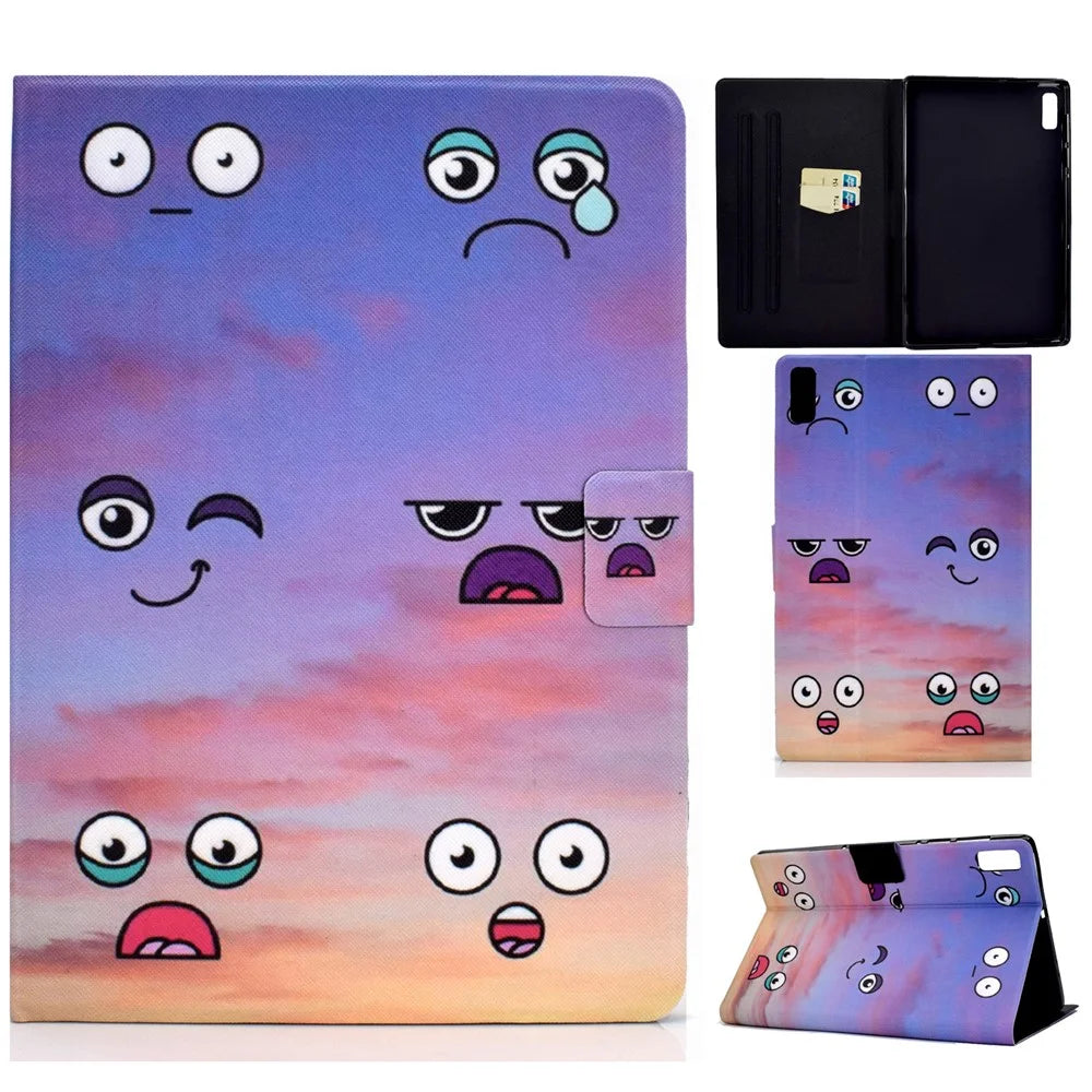 For Lenovo Tab P11 Gen 2 TB-350 Leather Stand Tablet Case A4 Pattern Printing Card Holder Protective Cover - Facial Expression - 1