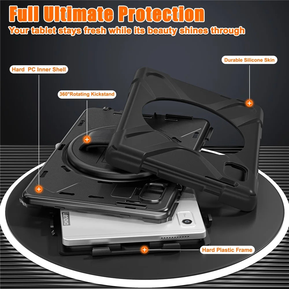 For Lenovo Tab M9 TB-310FU (2023) Tablet Case Kickstand PC+Silicone 360 Degree Rotation Tablet Cover with Hand Strap - Black - 4