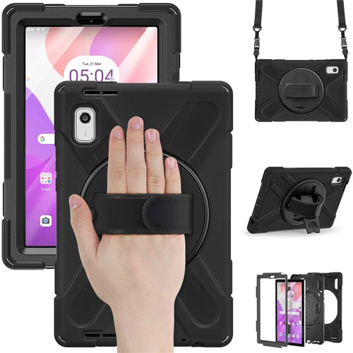 For Lenovo Tab M9 TB-310FU Kickstand Tablet Case PC+Silicone Protective Cover with Hand Strap / Shoulder Strap - Black - 1