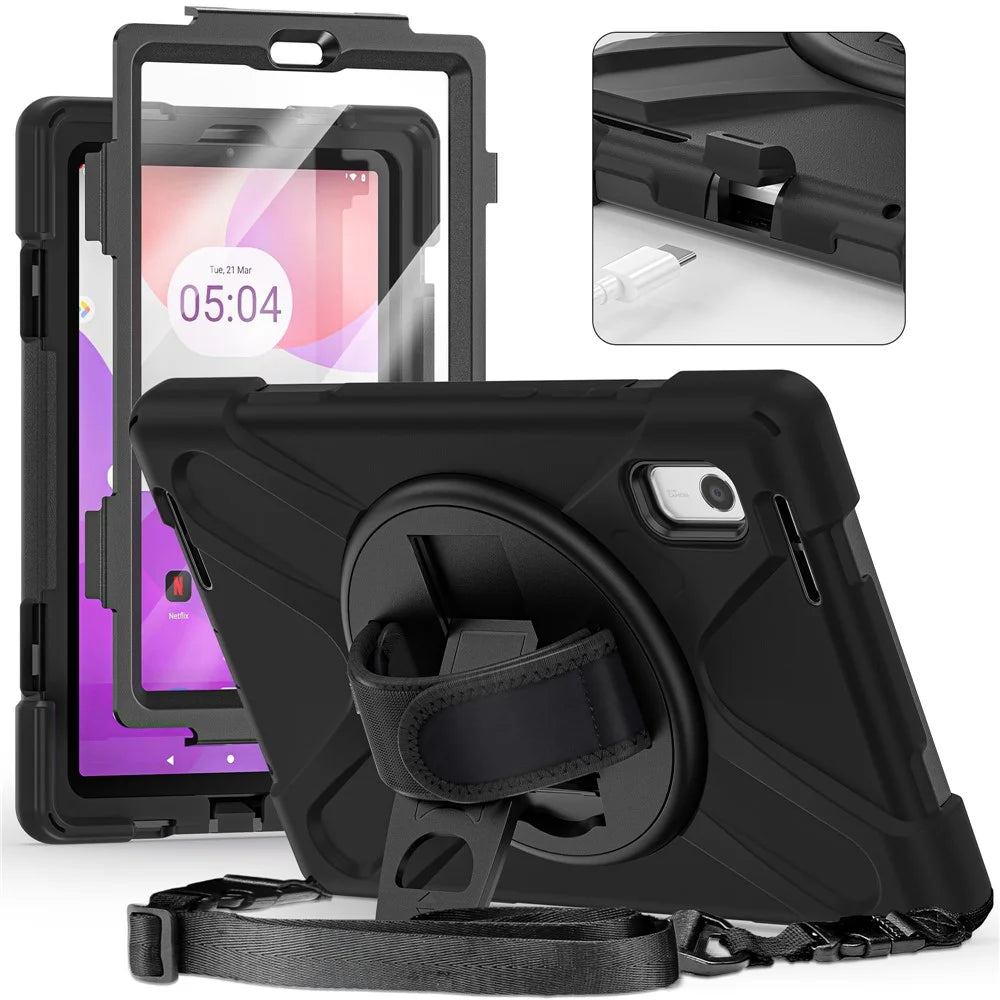 For Lenovo Tab M9 TB-310FU Kickstand Tablet Case PC+Silicone Protective Cover with Hand Strap / Shoulder Strap - Black - 5