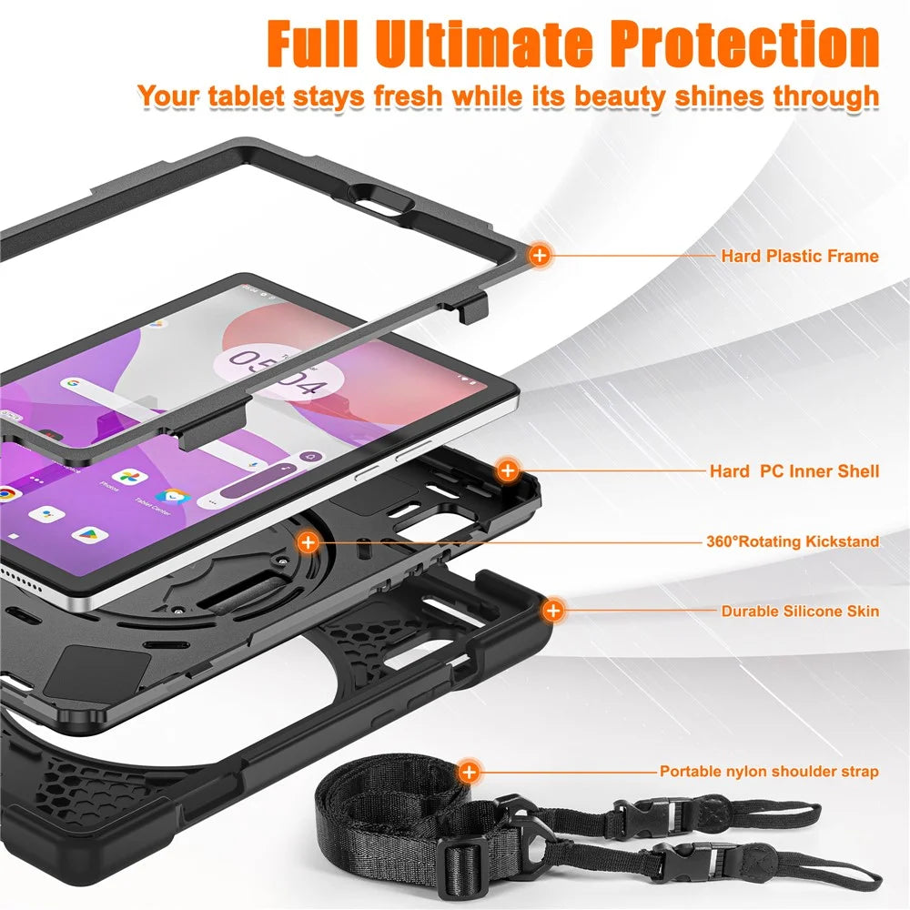 For Lenovo Tab M9 TB-310FU Kickstand Tablet Case PC+Silicone Protective Cover with Hand Strap / Shoulder Strap - Black - 6