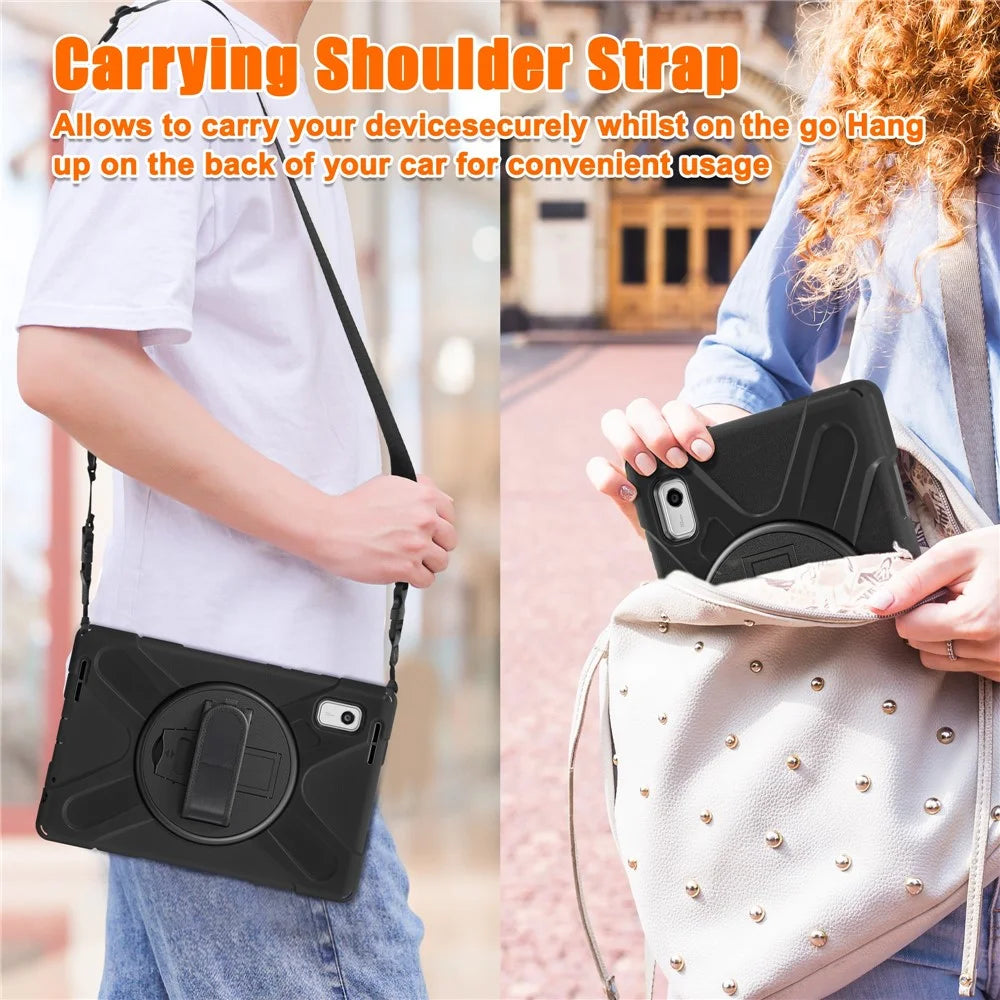 For Lenovo Tab M9 TB-310FU Kickstand Tablet Case PC+Silicone Protective Cover with Hand Strap / Shoulder Strap - Black - 7