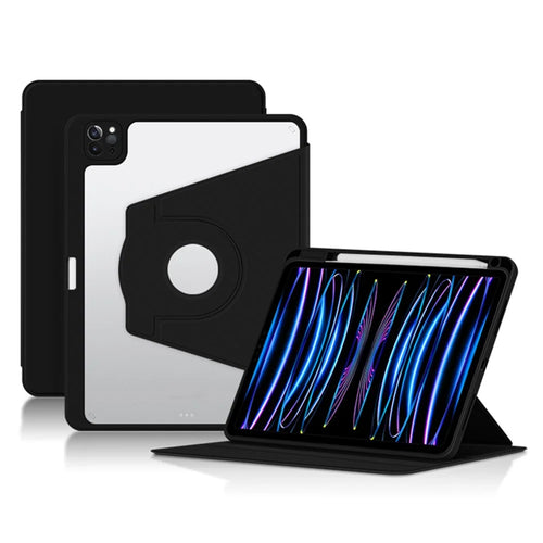 For iPad Air (2020) / (2022) / iPad Pro 11 inch (2020) / (2021) / (2022) PU Leather Cover Rotary Stand Tablet Case with Pen Slot - Black - 1