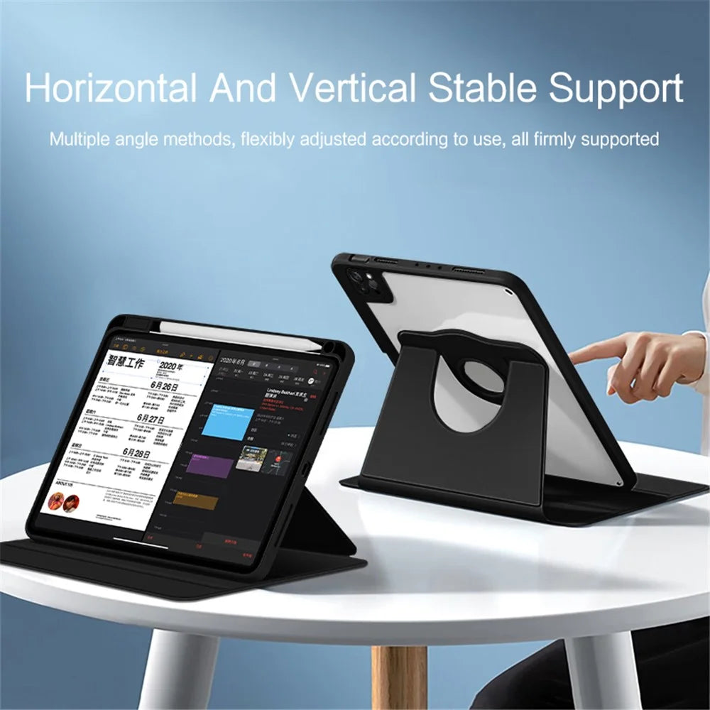 For iPad Air (2020) / (2022) / iPad Pro 11 inch (2020) / (2021) / (2022) PU Leather Cover Rotary Stand Tablet Case with Pen Slot - Black - 6
