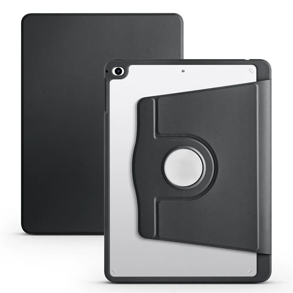 For iPad Air (2013) / Air 2 / iPad 9.7-inch (2017) / (2018) PU Leather+Acrylic Tablet Case Rotary Kickstand Cover with Pen Holder - Black - 1
