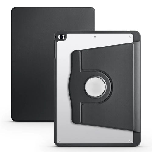 For iPad Air (2013) / Air 2 / iPad 9.7-inch (2017) / (2018) PU Leather+Acrylic Tablet Case Rotary Kickstand Cover with Pen Holder - Black - 1