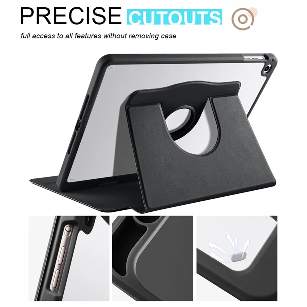 For iPad Air (2013) / Air 2 / iPad 9.7-inch (2017) / (2018) PU Leather+Acrylic Tablet Case Rotary Kickstand Cover with Pen Holder - Black - 3