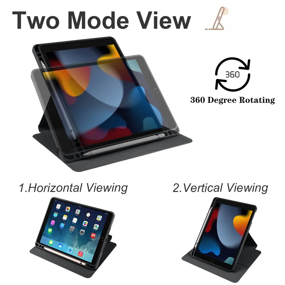 For iPad Air (2013) / Air 2 / iPad 9.7-inch (2017) / (2018) PU Leather+Acrylic Tablet Case Rotary Kickstand Cover with Pen Holder - Black - 4