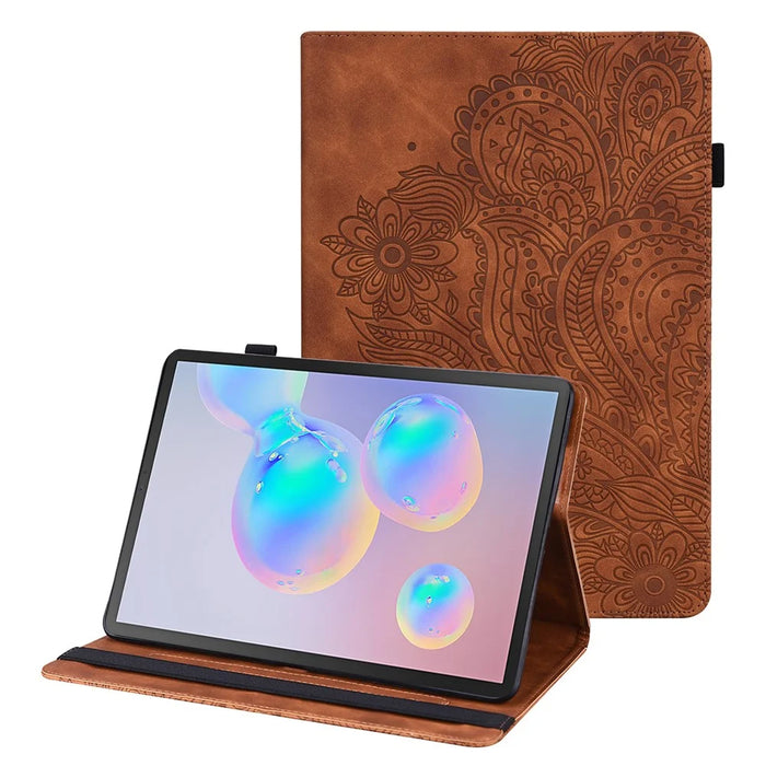 For Samsung Galaxy Tab S6 PU Leather Tablet Case Flower Imprinting Cover with Stand Card Holder - Brown - 1