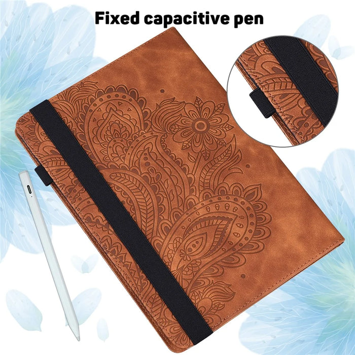 For Samsung Galaxy Tab S6 PU Leather Tablet Case Flower Imprinting Cover with Stand Card Holder - Brown - 7